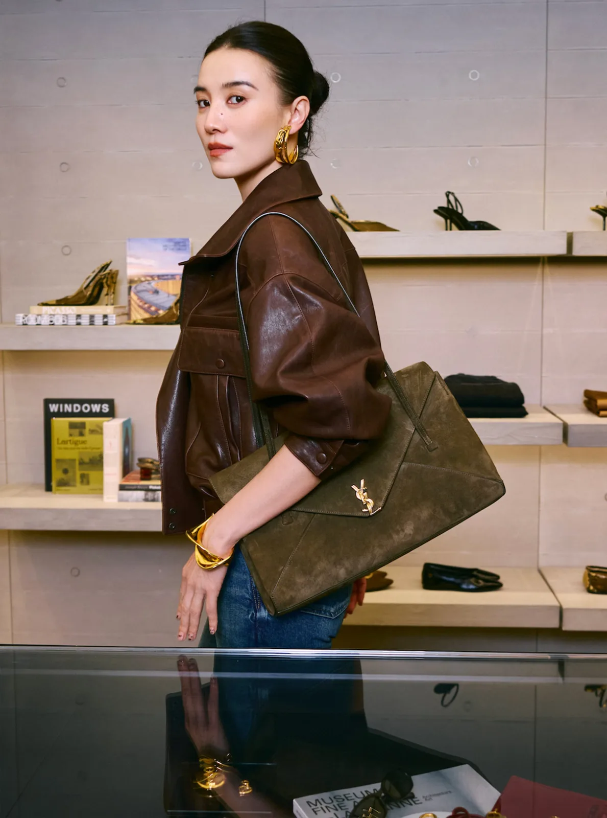 Song Jia Does Leather and Denim in Saint Laurent