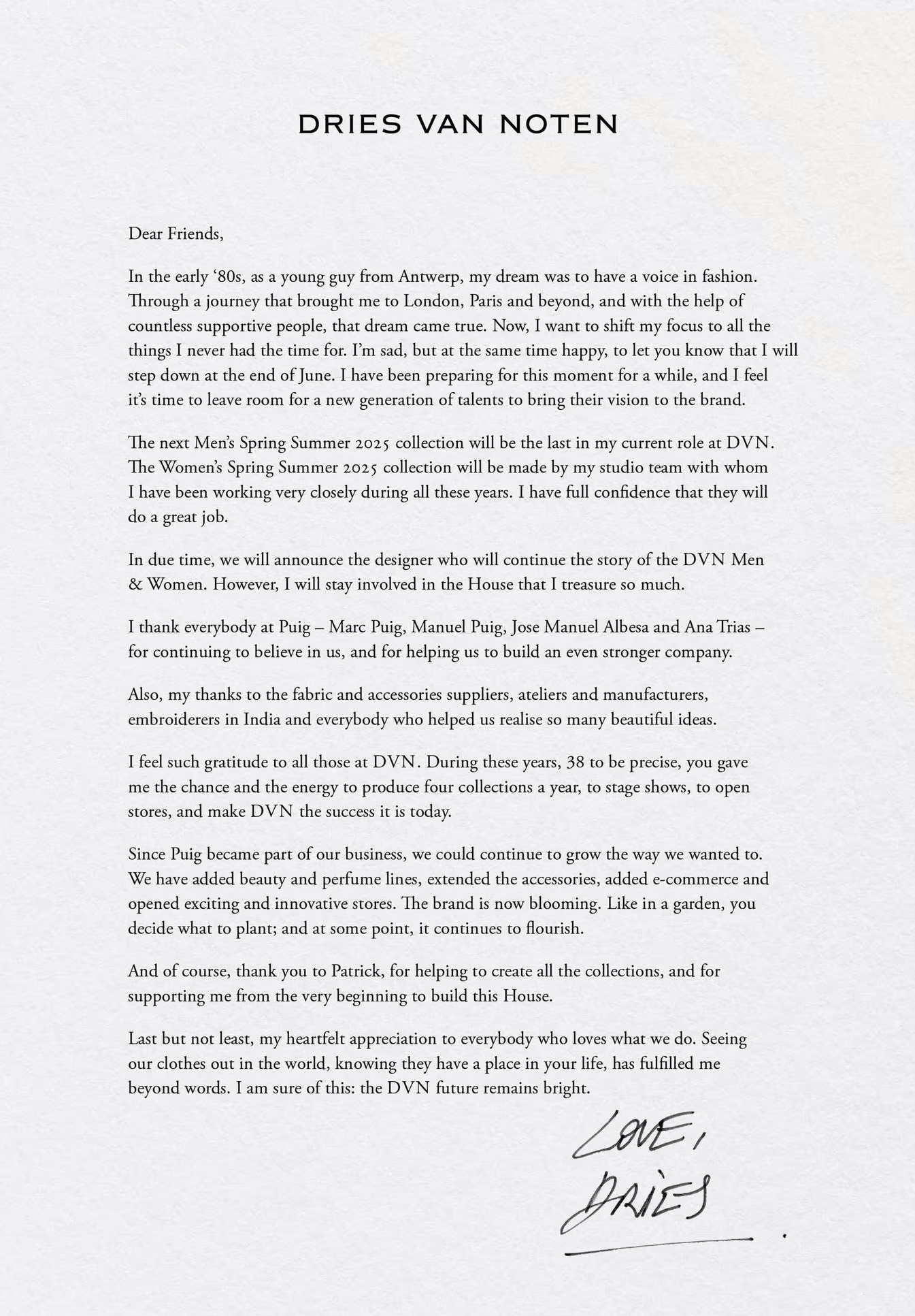 Dries Van Noten farewell letter.
