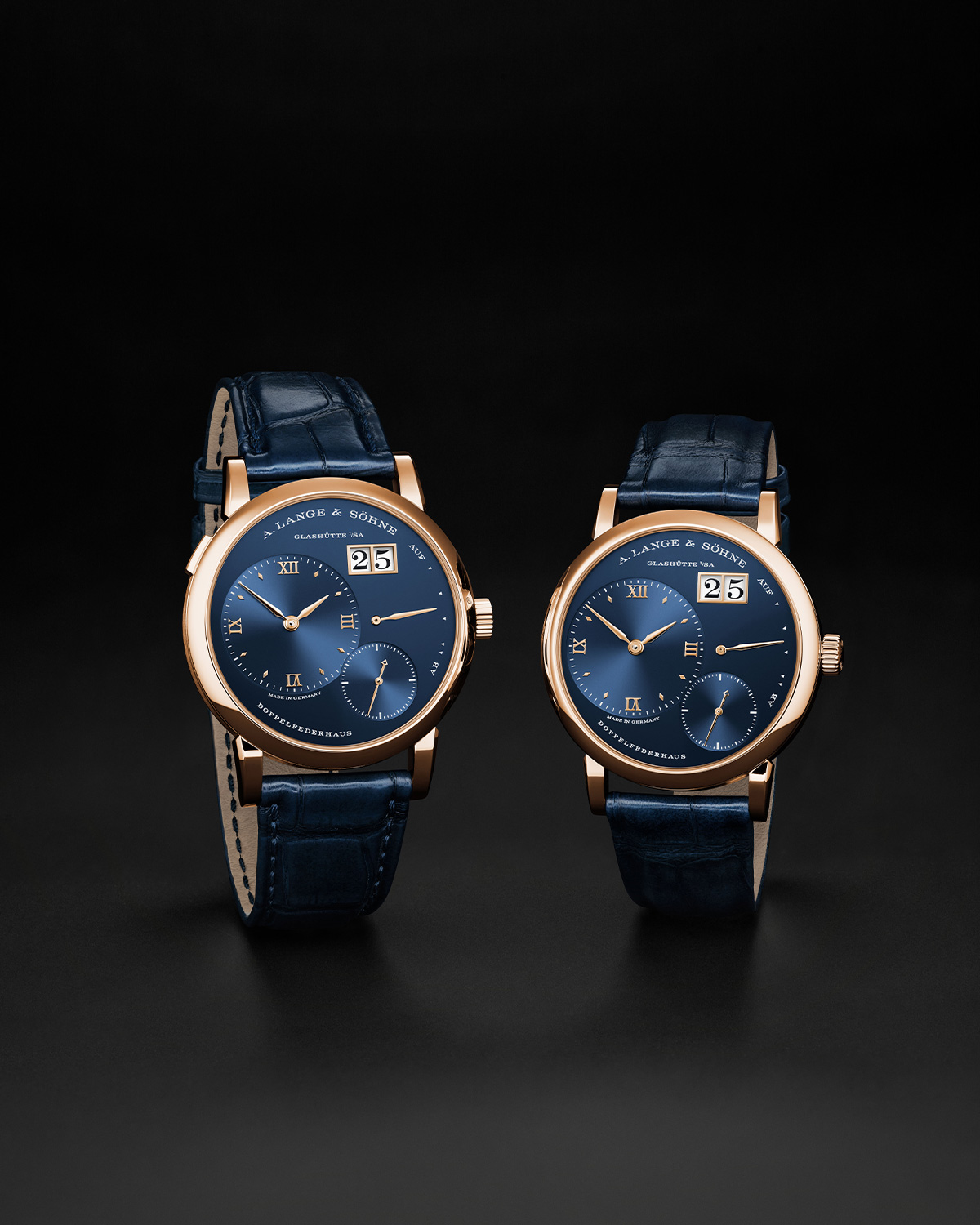 LANGE 1 and LITTLE LANGE 1 in 750 pink gold with a blue dial in 925 silver