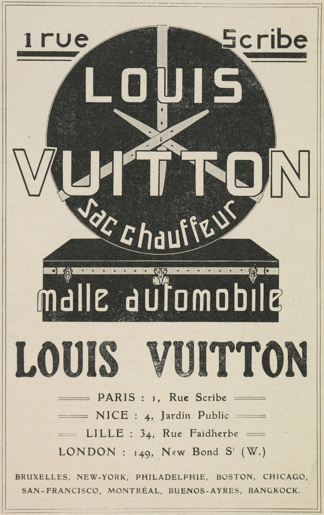 Publicite parue dans l'Annal en 1911, consacree au Sac Chauffeur et a la Malle Auto Louis Vuitton
