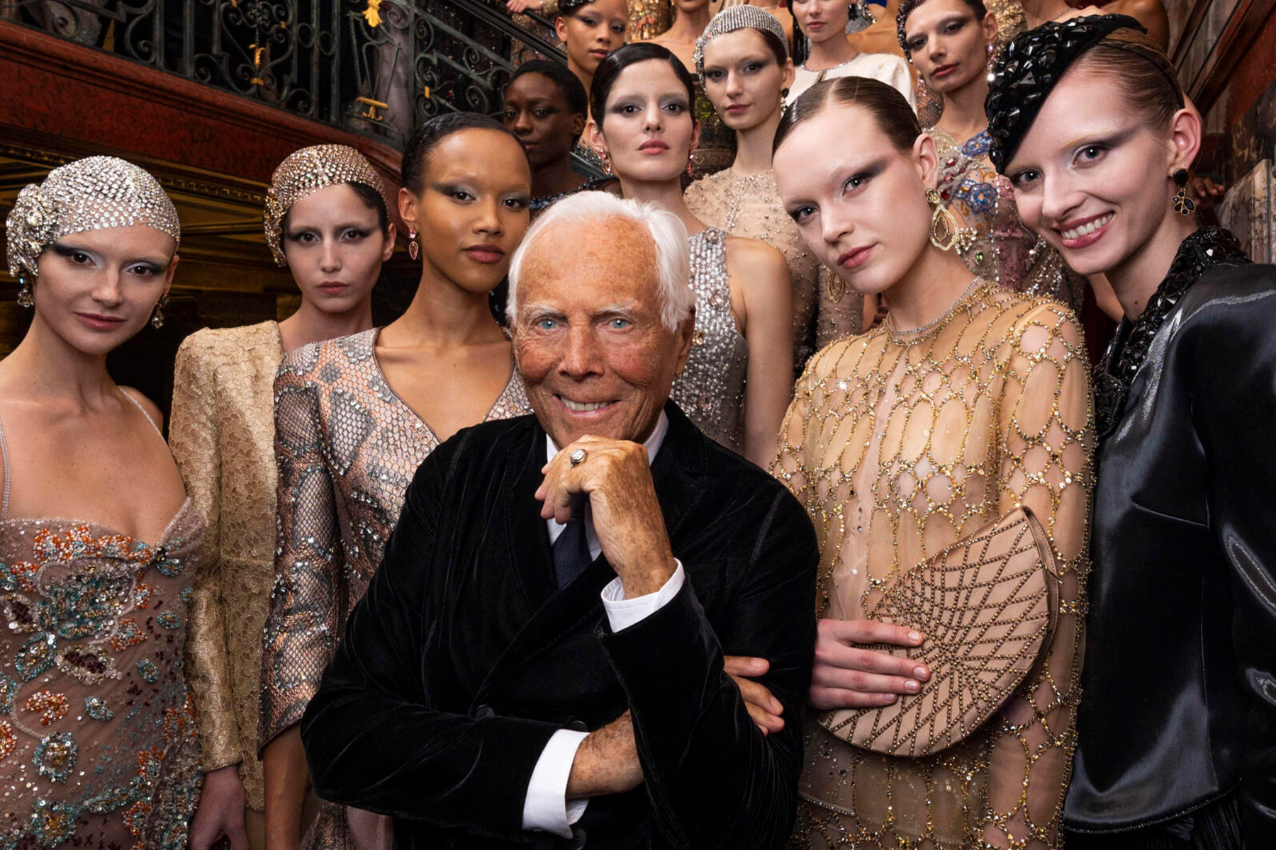 Giorgio Armani with models at the Giorgio Armani Privé Spring 2025 Couture Show in Paris | Source: Giorgio Armani