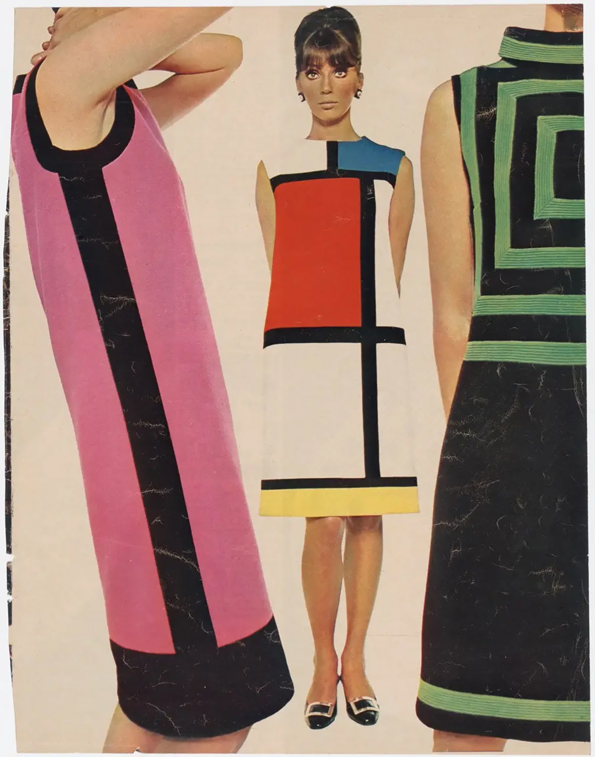 Peter Knapp | ELLE, September 1965. Cocktail dresses from the Fall-Winter 1965 haute couture collection, also known as the “Tribute to Piet Mondrian.” | Courtesy of Yves Saint Laurent / Jeanne Lanvin-Castillo / Peter Knapp