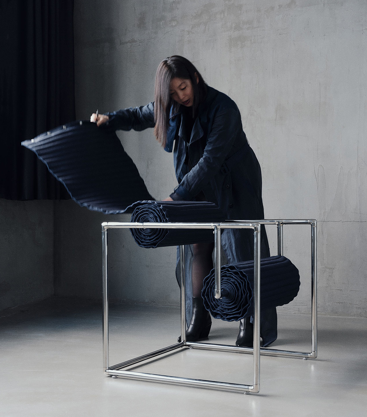 A Seat of the Art in G-STAR Denim by Caroline Chao | Source: G-STAR