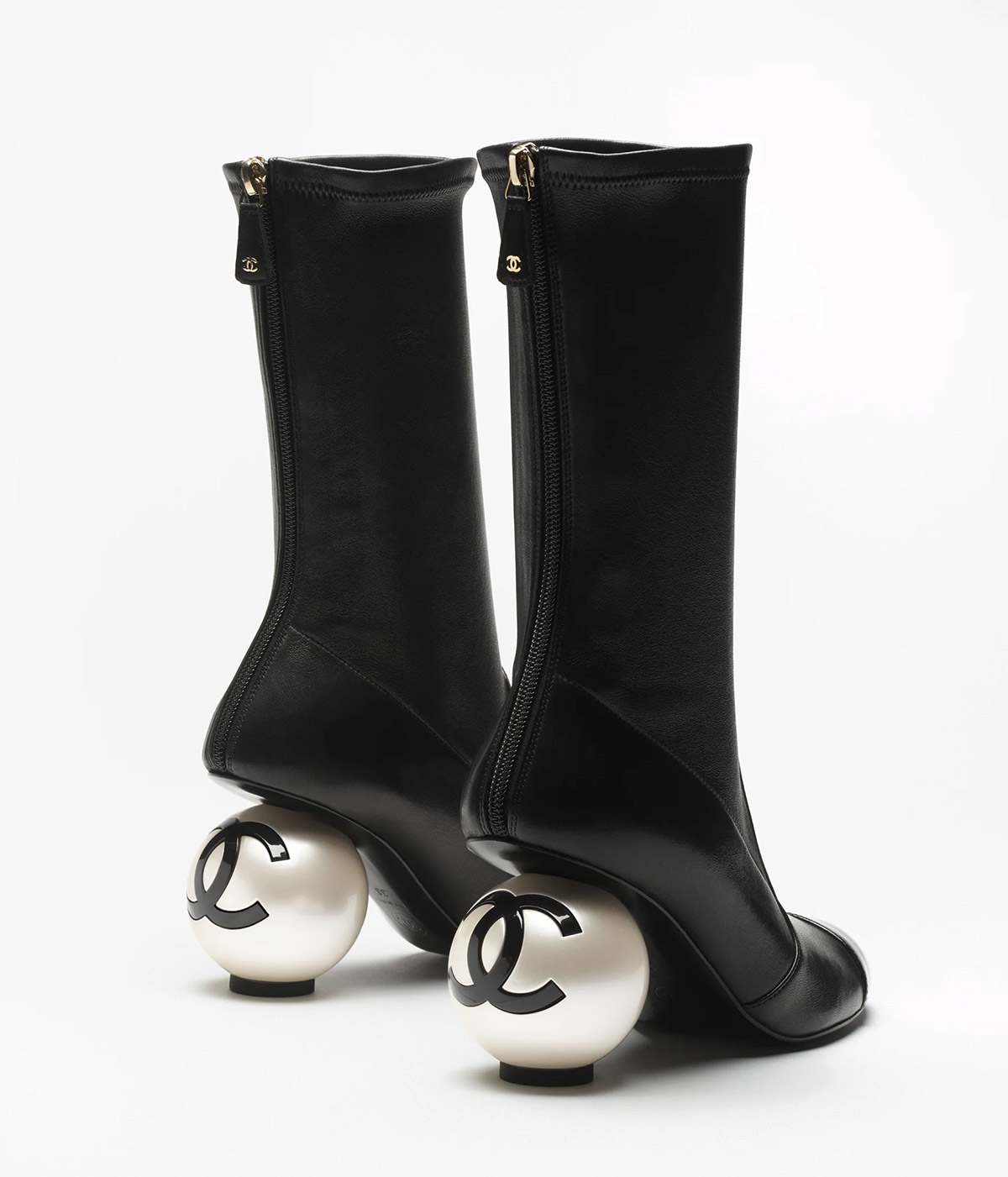 Chanel Mid-Calf Pearl Boot Black
